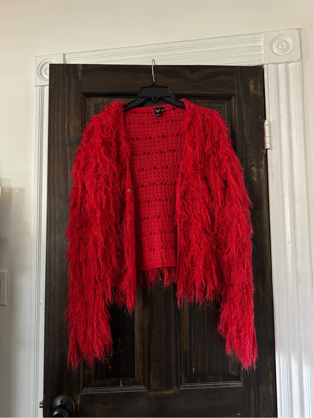 Bold Red Faux-Fur Shaggy Cardigan Sweater